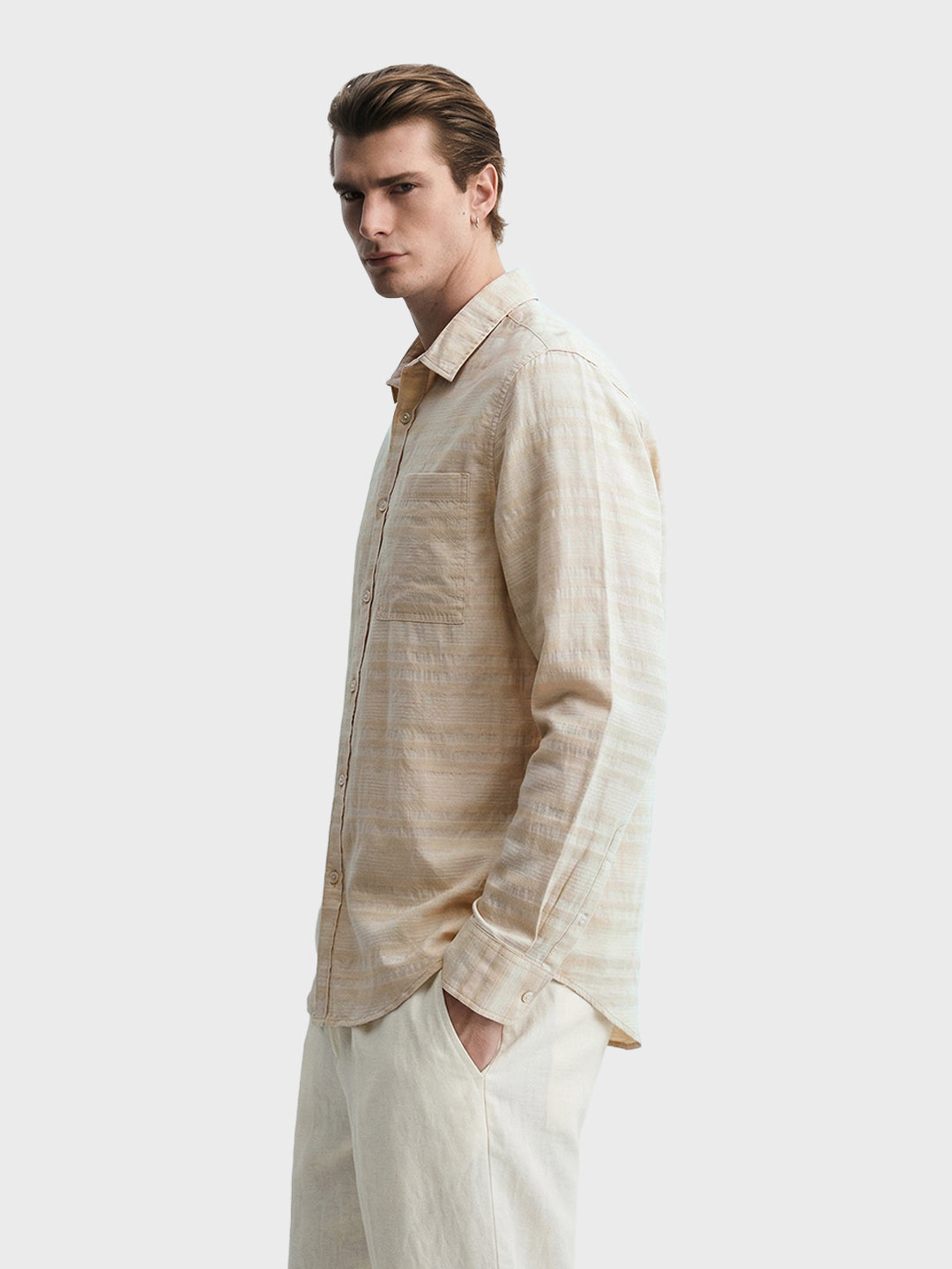 Men's Cream Slim Fit Striped Casual Shirt