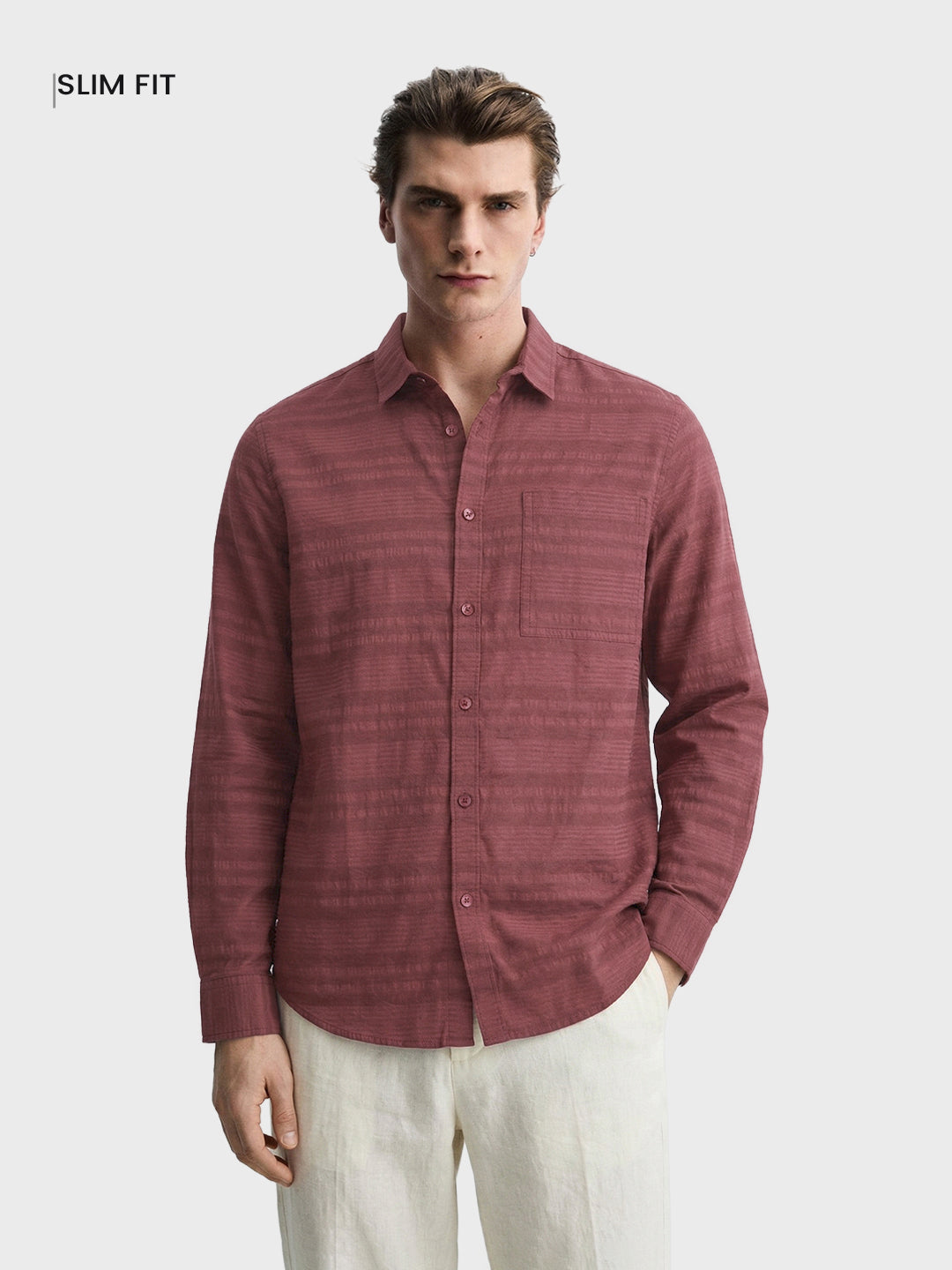 Men's Maroon Slim Fit Striped Casual Shirt