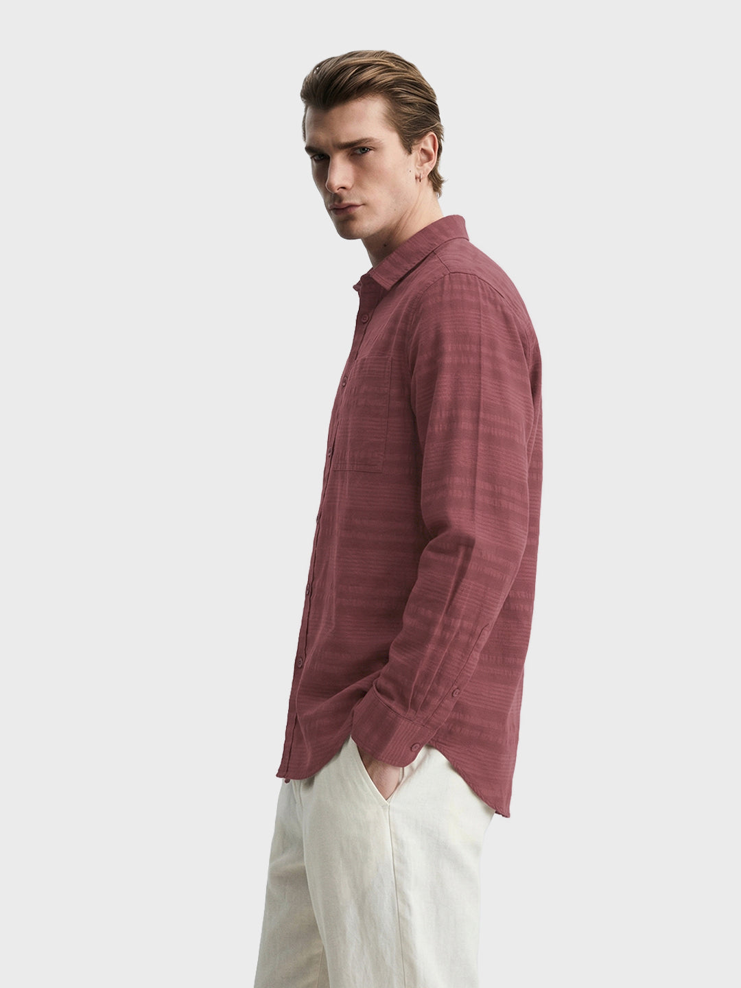 Men's Maroon Slim Fit Striped Casual Shirt