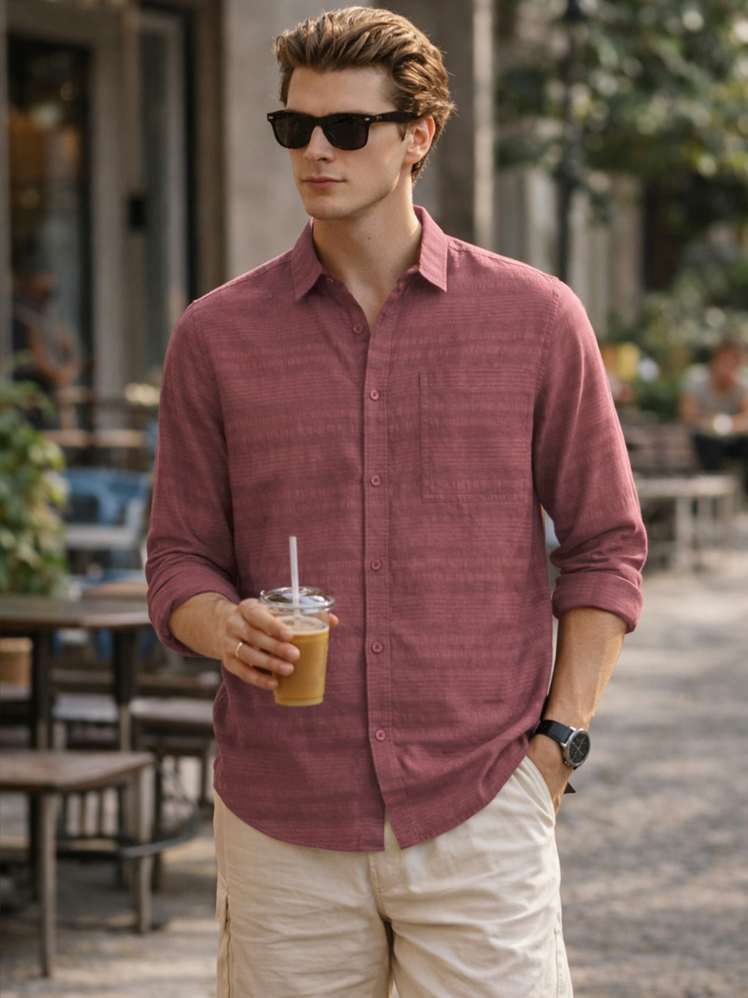 Men's Maroon Slim Fit Striped Casual Shirt