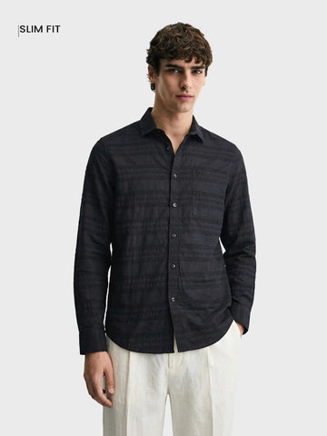 Men's Black Slim Fit Striped Casual Shirt