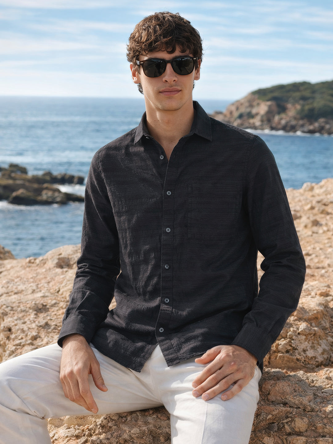 Men's Black Slim Fit Striped Casual Shirt