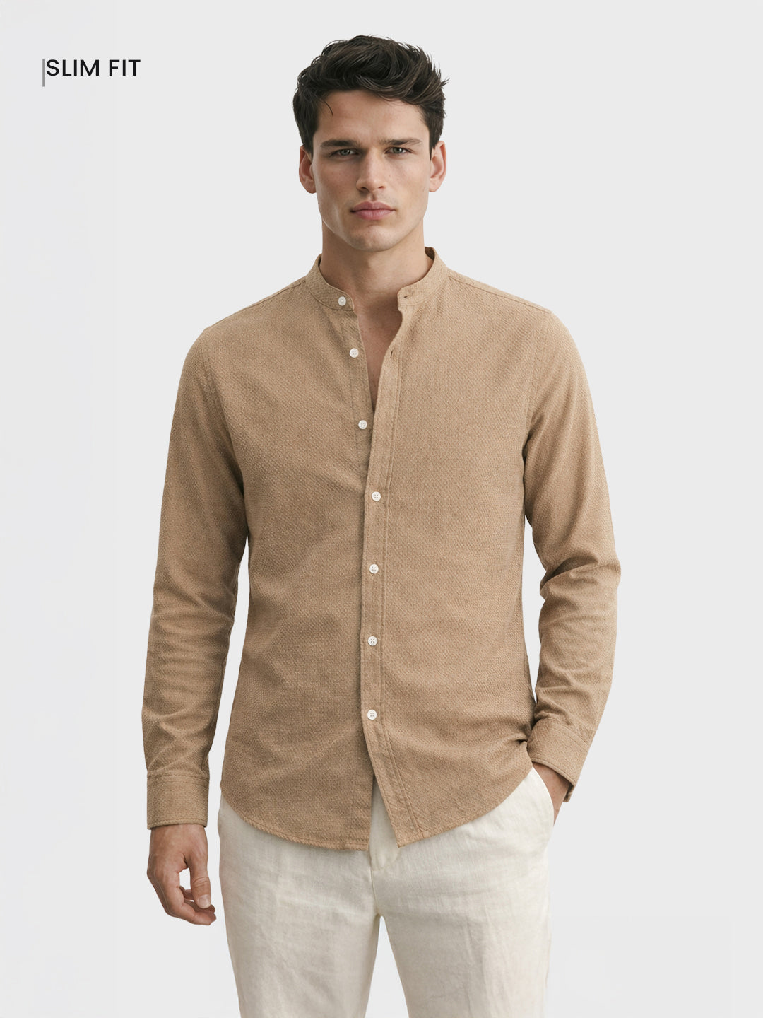 Men's Khaki Slim Fit Textured Casual Shirt