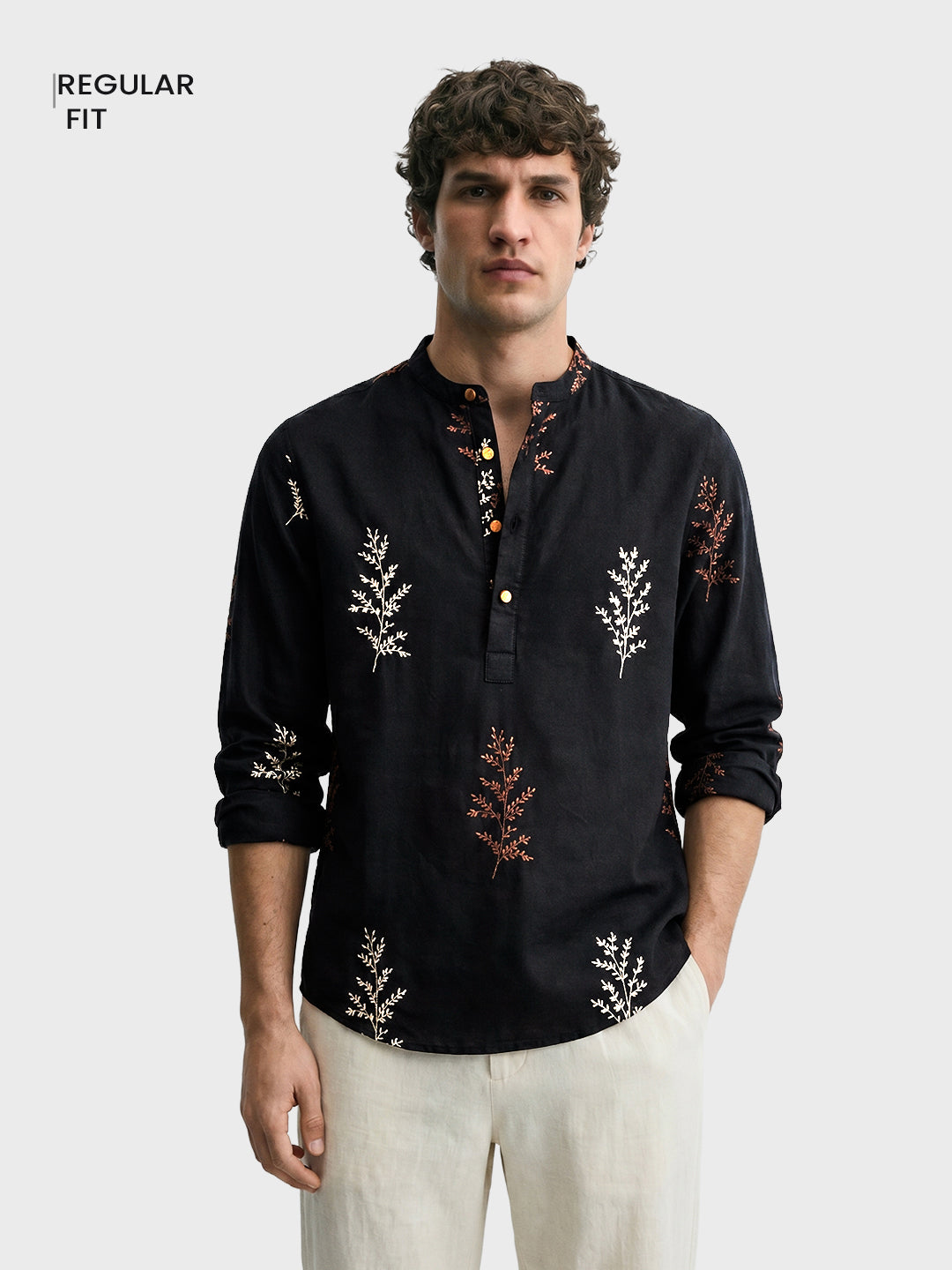 Men's Black Relaxed Fit Embroidered Casual Shirts