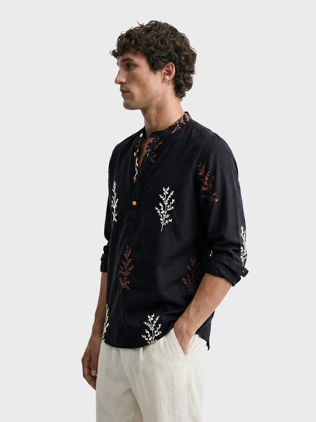 Men's Black Relaxed Fit Embroidered Casual Shirts