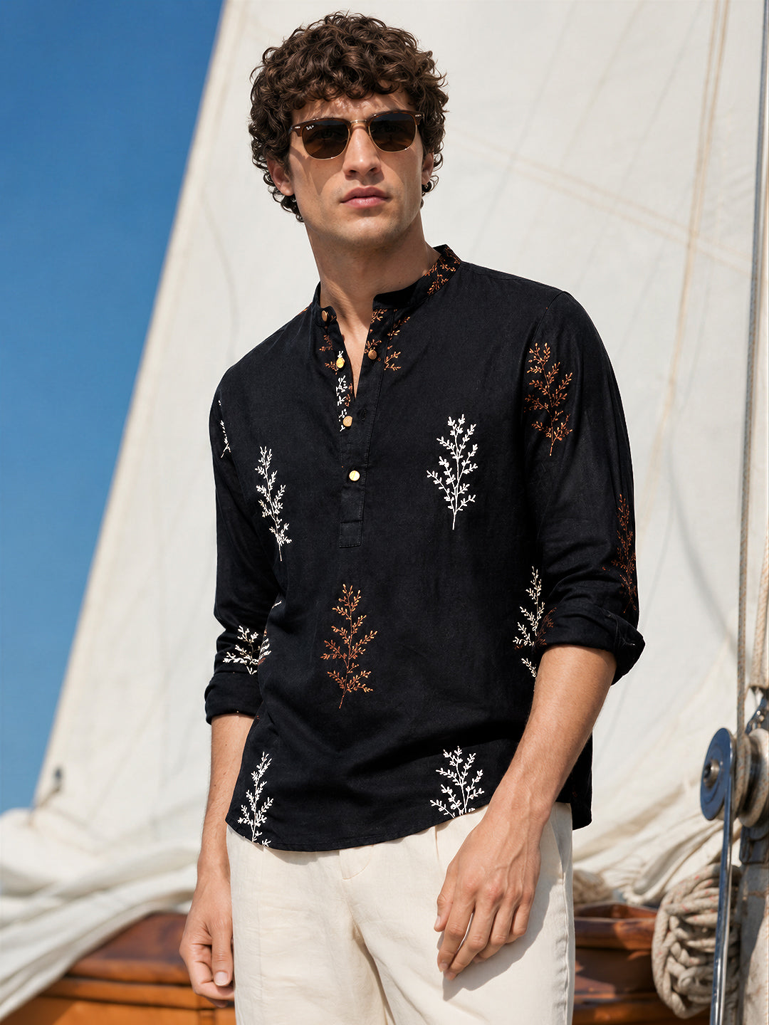 Men's Black Relaxed Fit Embroidered Casual Shirts