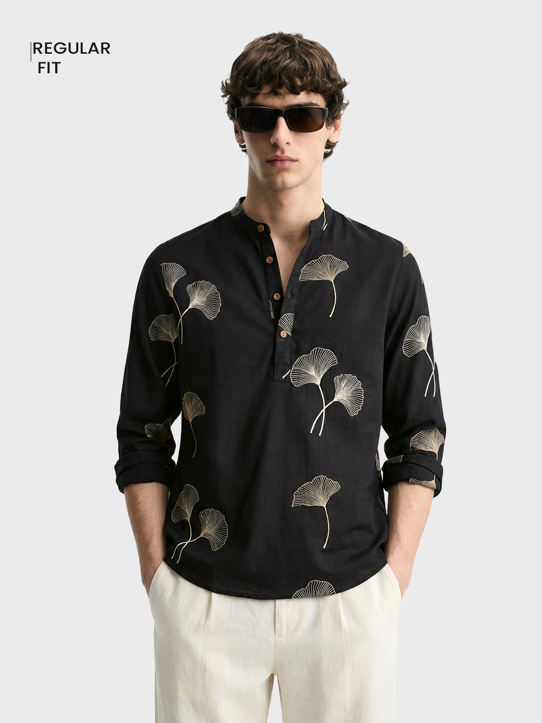 Men's Black Relaxed Fit Embroidered Casual Shirts