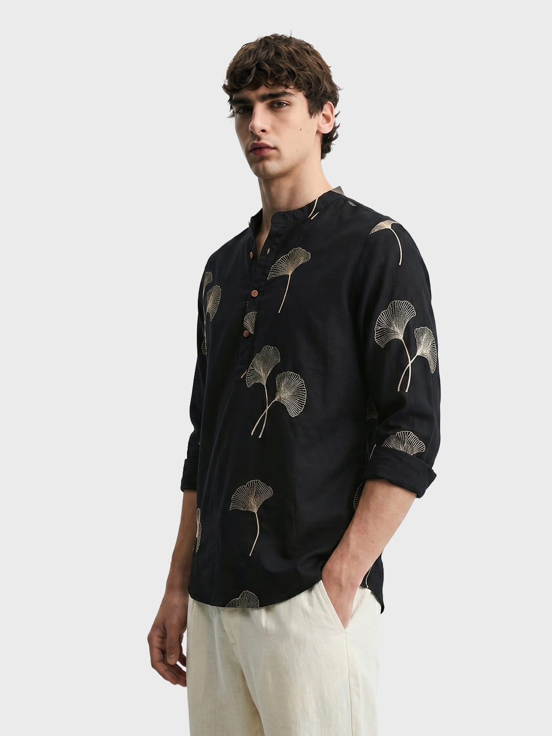Men's Black Relaxed Fit Embroidered Casual Shirts