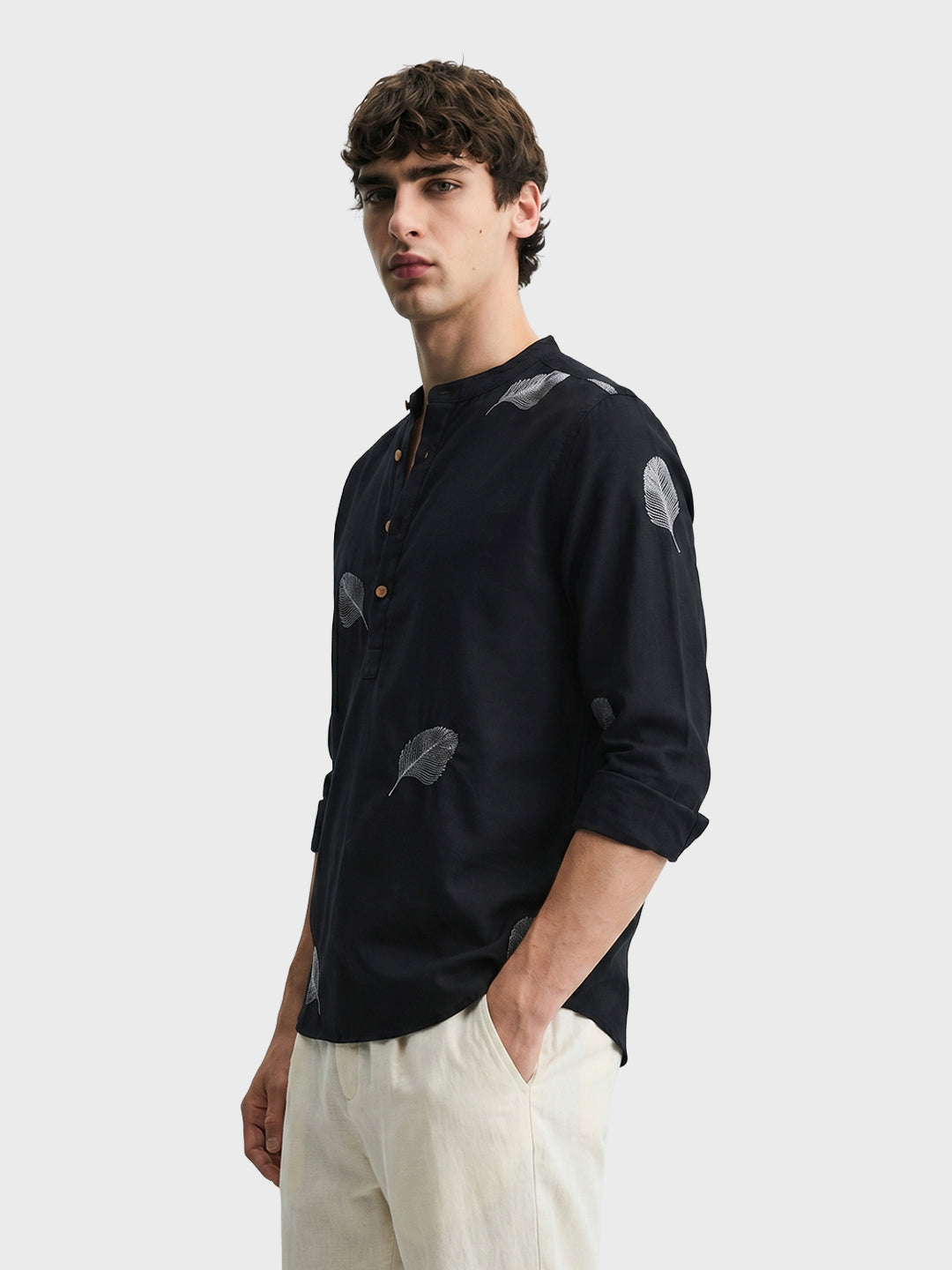 Men's Black Relaxed Fit Embroidered Casual Shirts