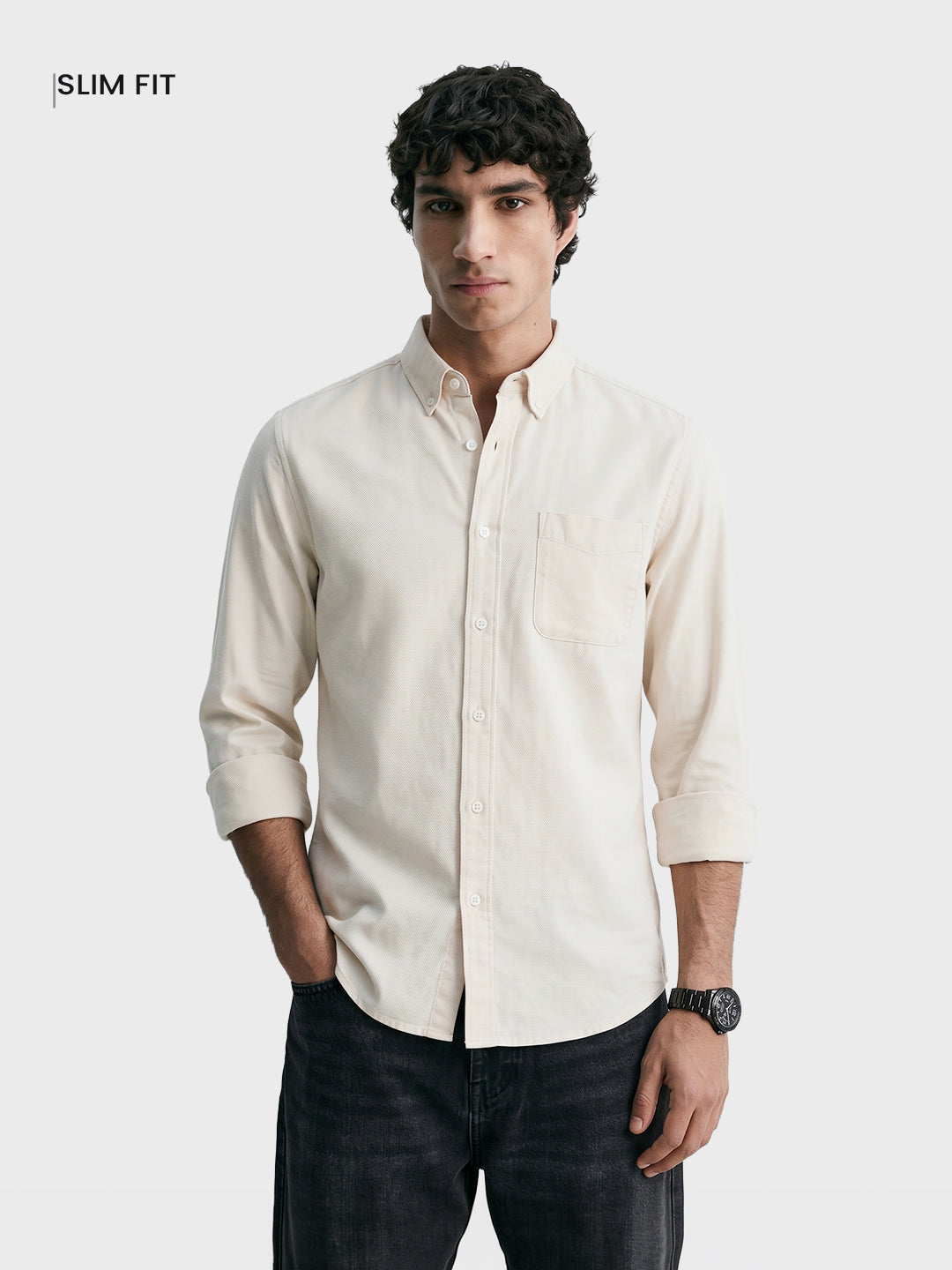 Men's Cream Slim Fit Solid Casual Shirt