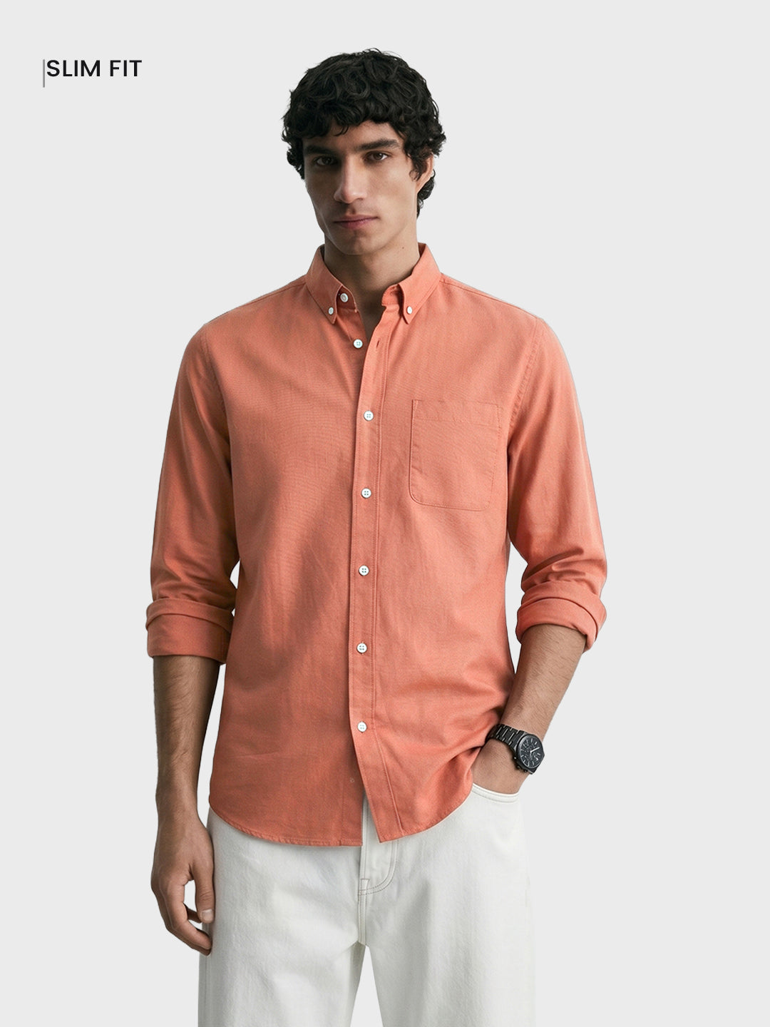 Men's Orange Slim Fit Solid Casual Shirt