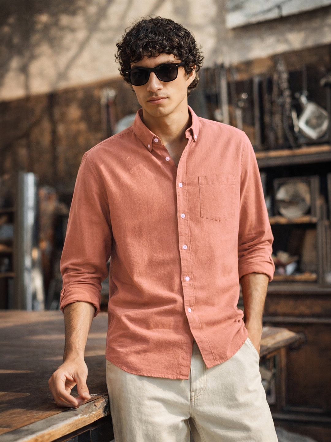 Men's Orange Slim Fit Solid Casual Shirt