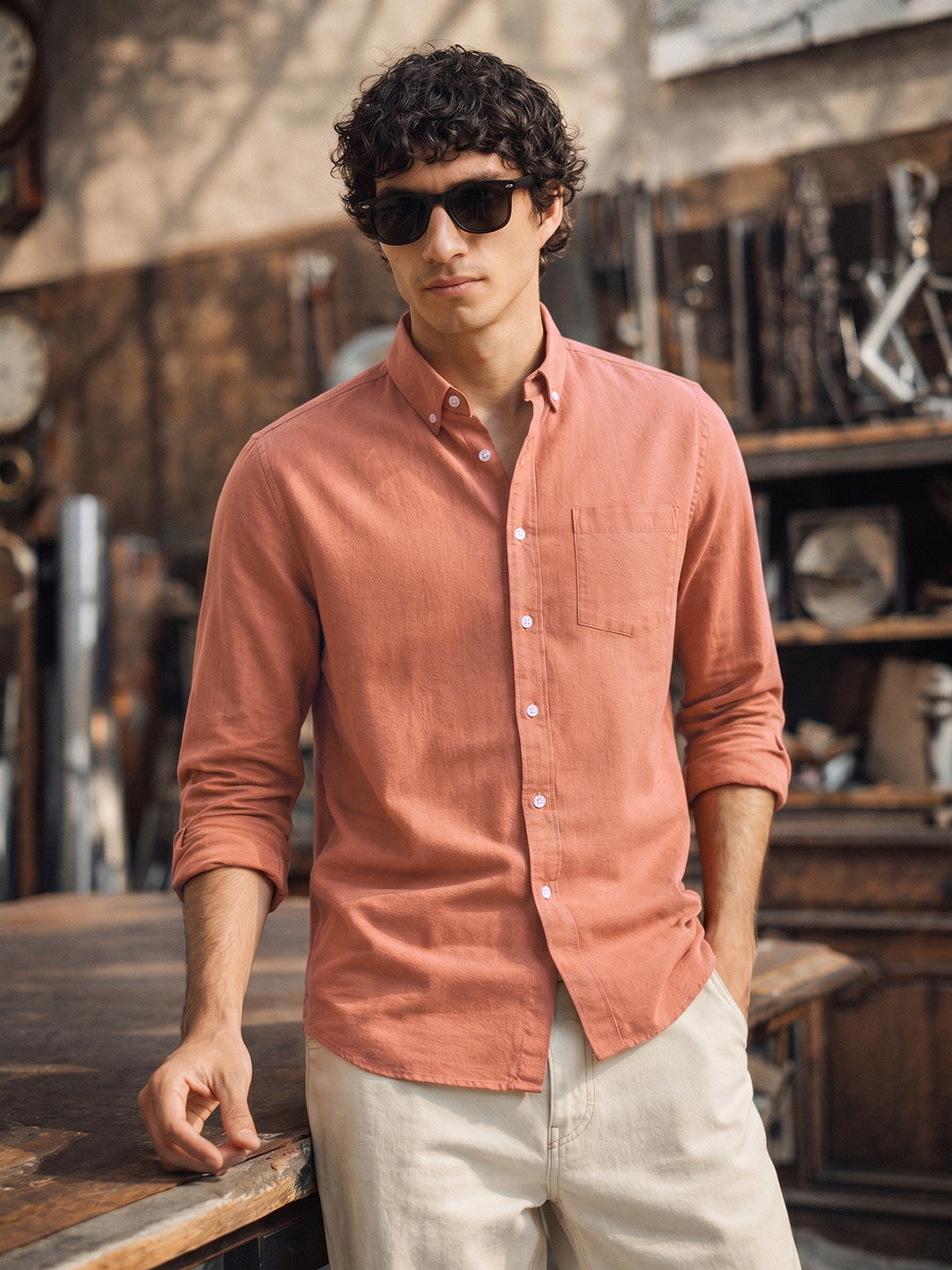 Men's Orange Slim Fit Solid Casual Shirt
