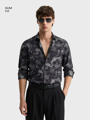 Men's Black Slim Fit Printed Casual Shirt