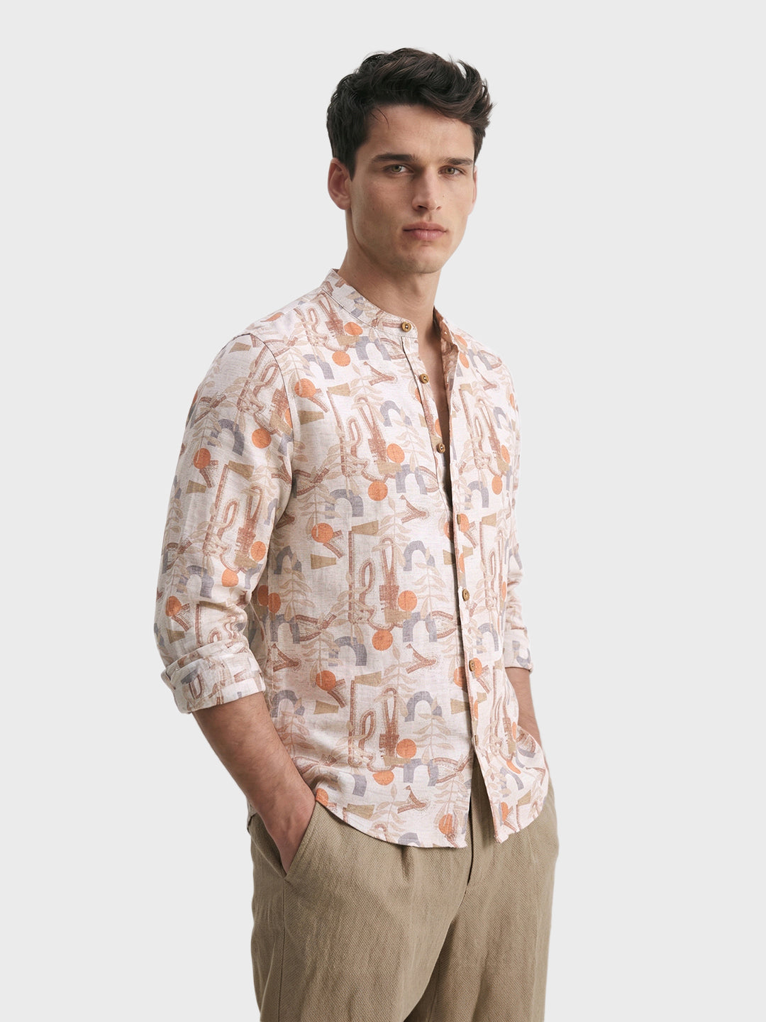 Men's Orange Slim Fit Printed Casual Shirt