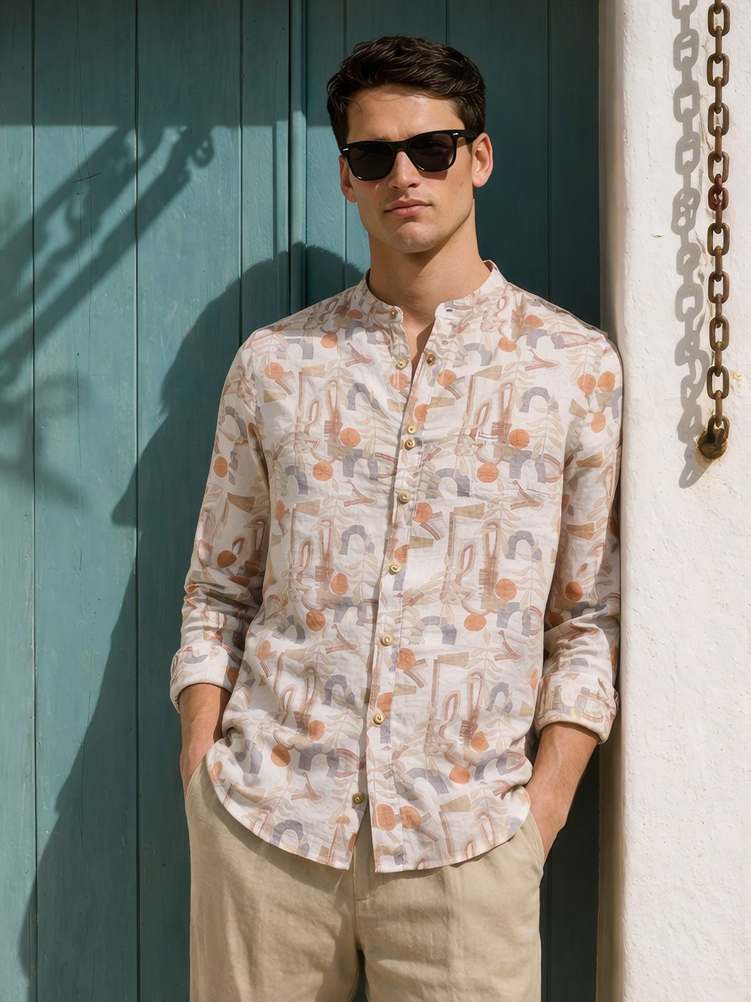 Men's Orange Slim Fit Printed Casual Shirt