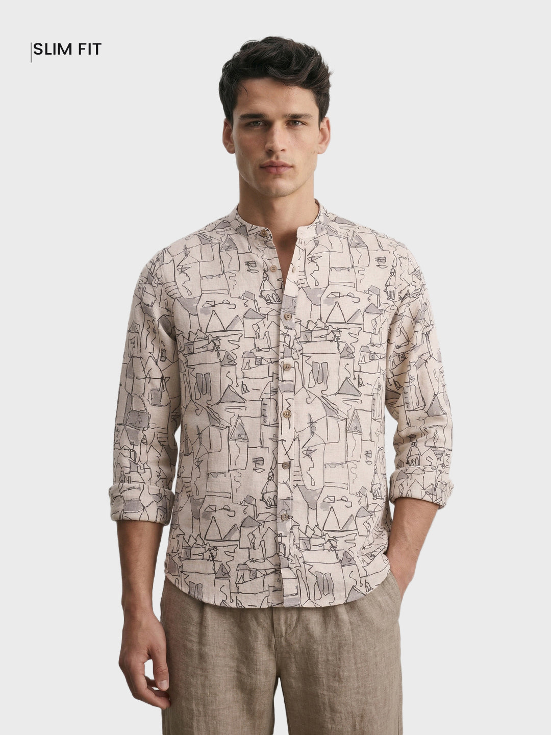 Men's Beige Slim Fit Printed Casual Shirt