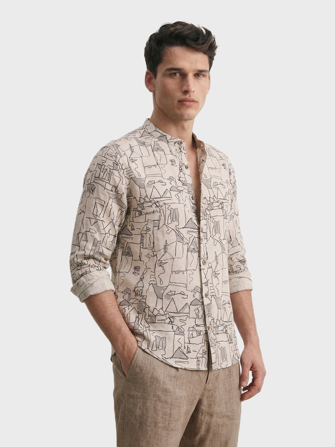 Men's Beige Slim Fit Printed Casual Shirt