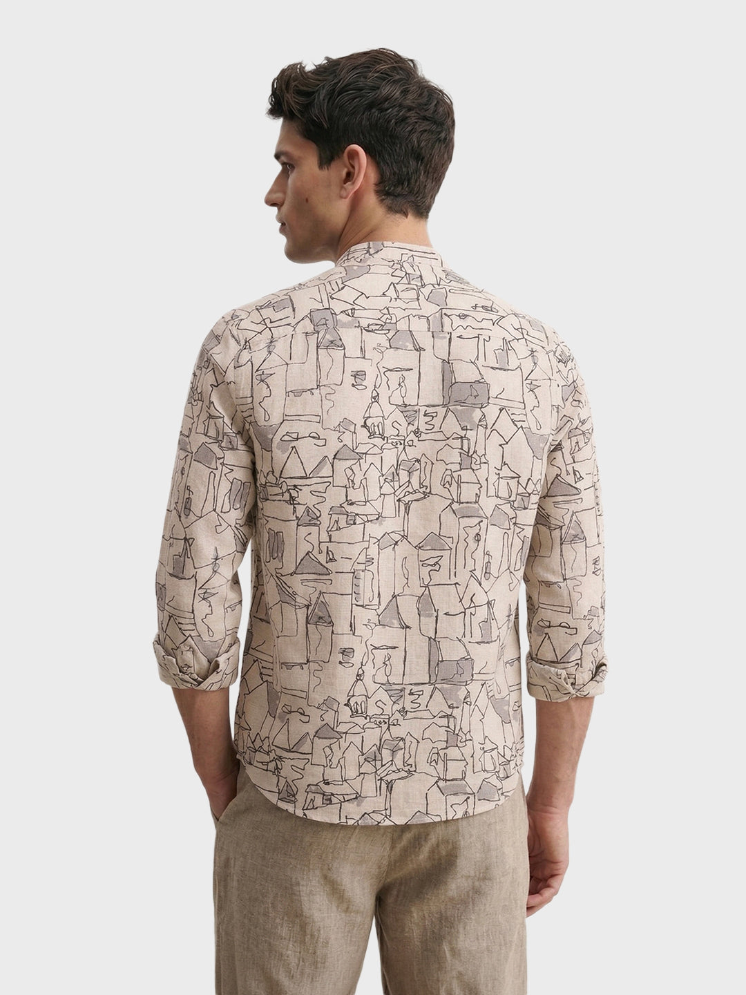 Men's Beige Slim Fit Printed Casual Shirt