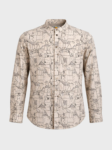 Men's Beige Slim Fit Printed Casual Shirt