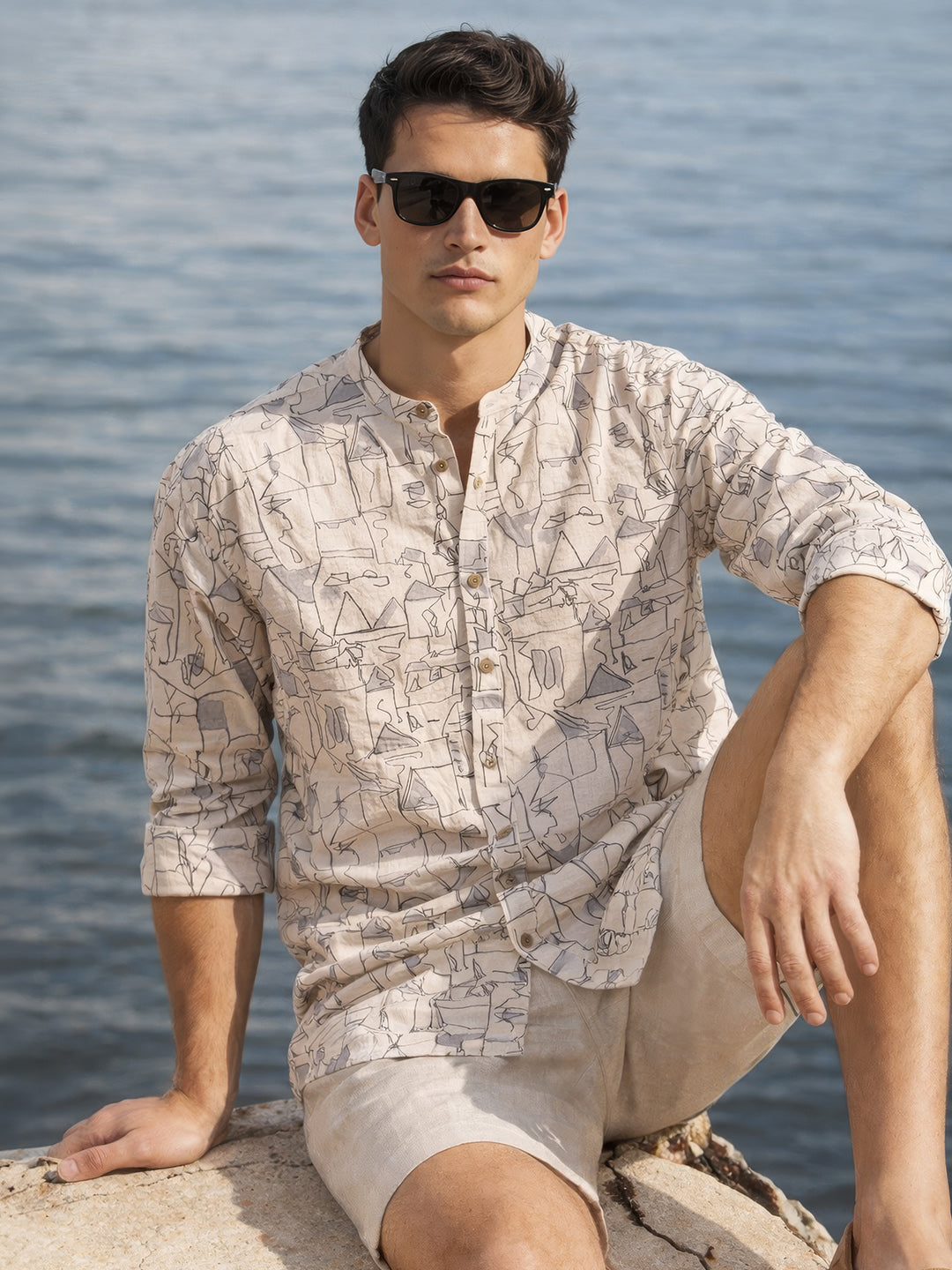 Men's Beige Slim Fit Printed Casual Shirt