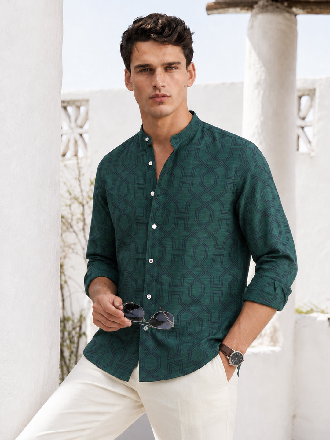 Men's Green Relaxed Fit Printed Casual Shirt