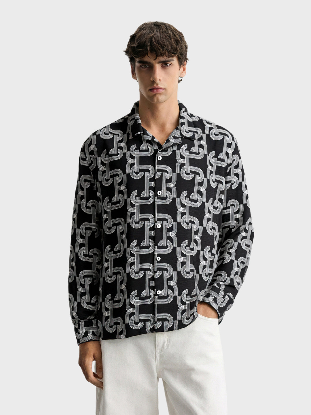 Men's Black Relaxed Fit Printed Casual Shirts