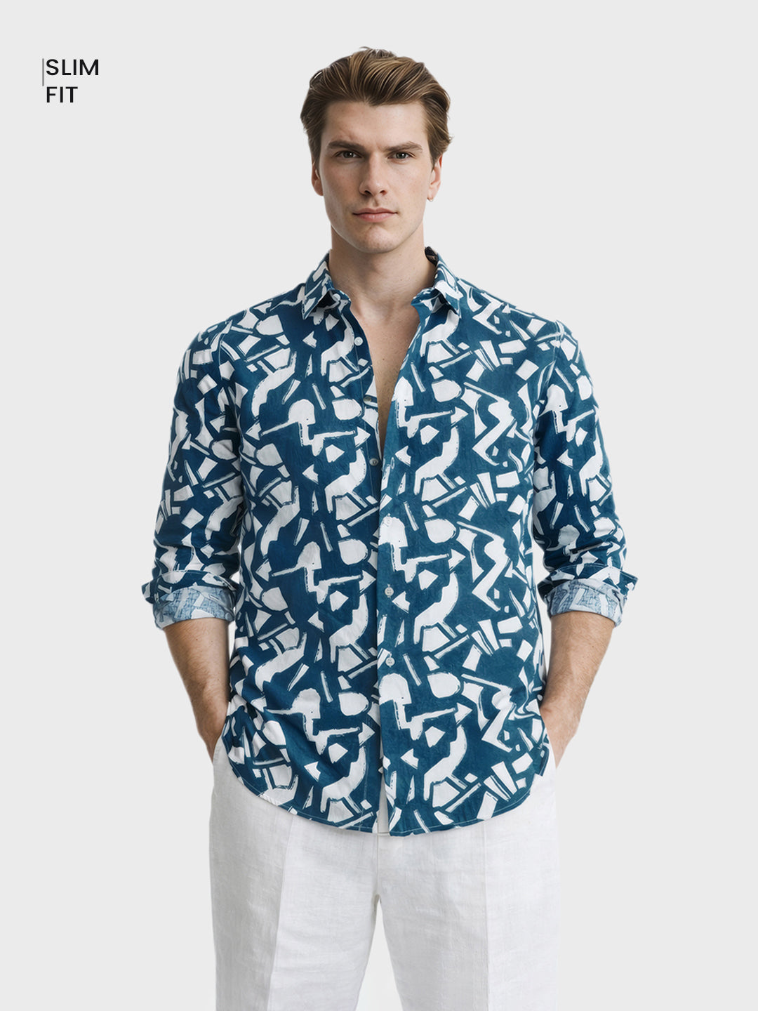 Men's Navy Blue Slim Fit Printed Casual Shirts