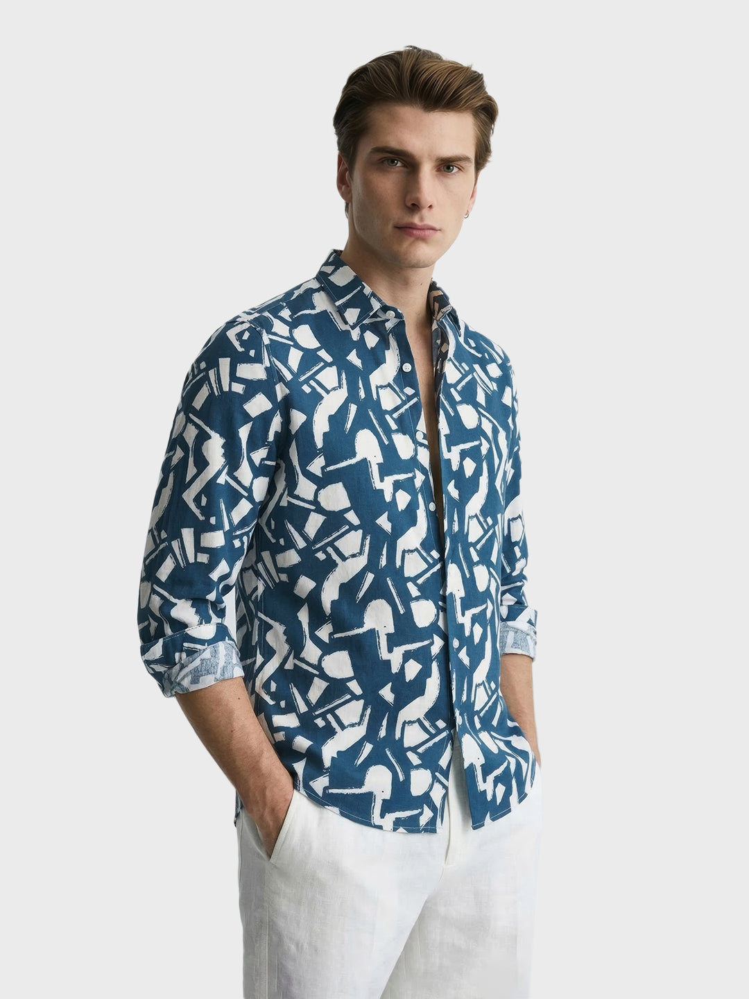 Men's Navy Blue Slim Fit Printed Casual Shirts