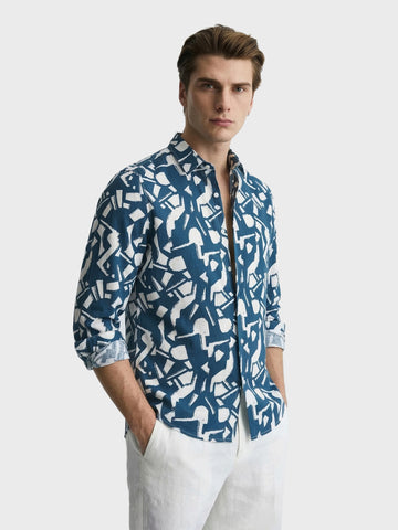 Men's Blue Slim Fit Printed Casual Shirts