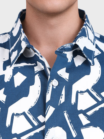 Men's Blue Slim Fit Printed Casual Shirts