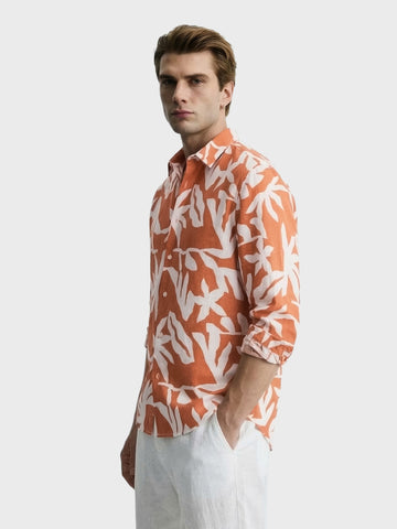 Men's Orange Slim Fit Printed Casual Shirts