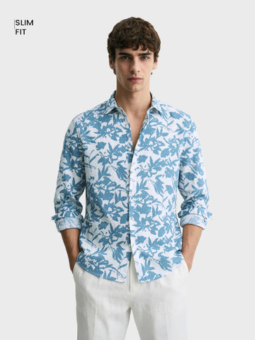 Men's Blue Slim Fit Printed Casual Shirts