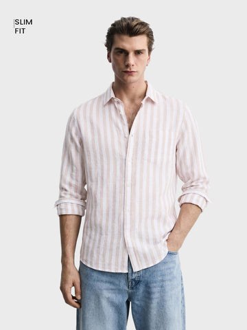 Men's Khaki Slim Fit Striped Casual Shirt