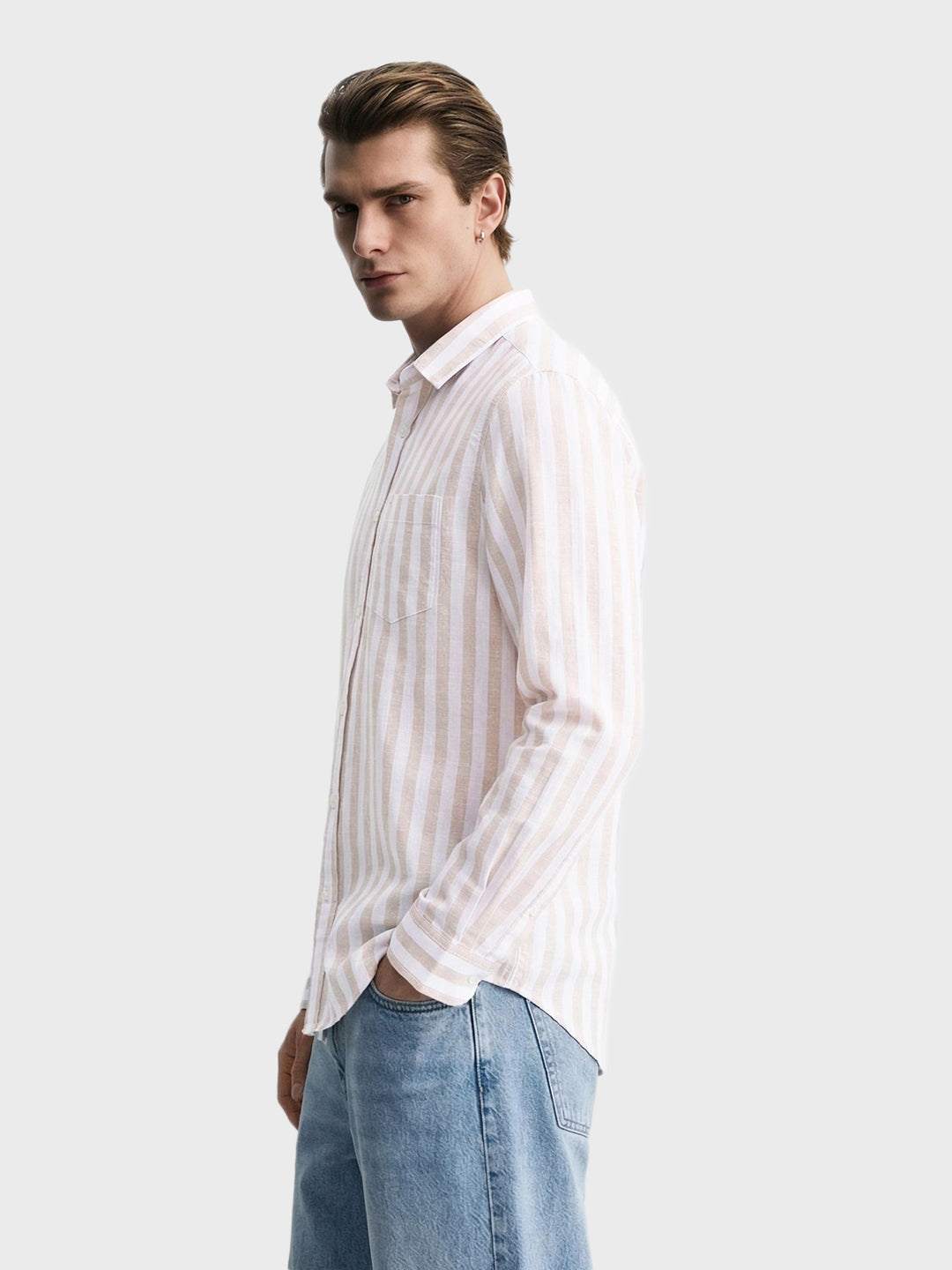 Men's Khaki Slim Fit Striped Casual Shirt
