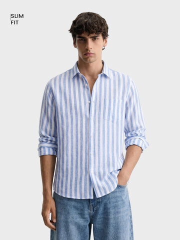 Men's Blue Slim Fit Striped Casual Shirt