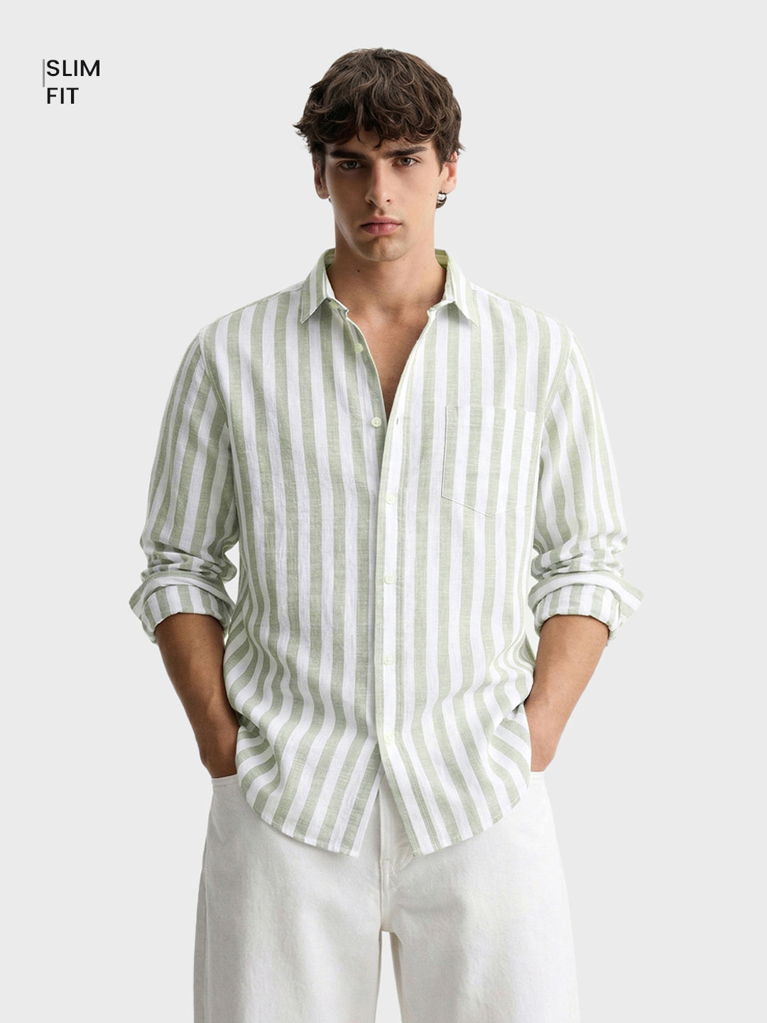 Men's Green Slim Fit Striped Casual Shirt