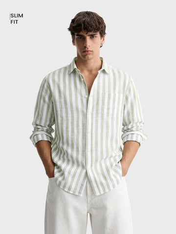 Men's Green Slim Fit Striped Casual Shirt