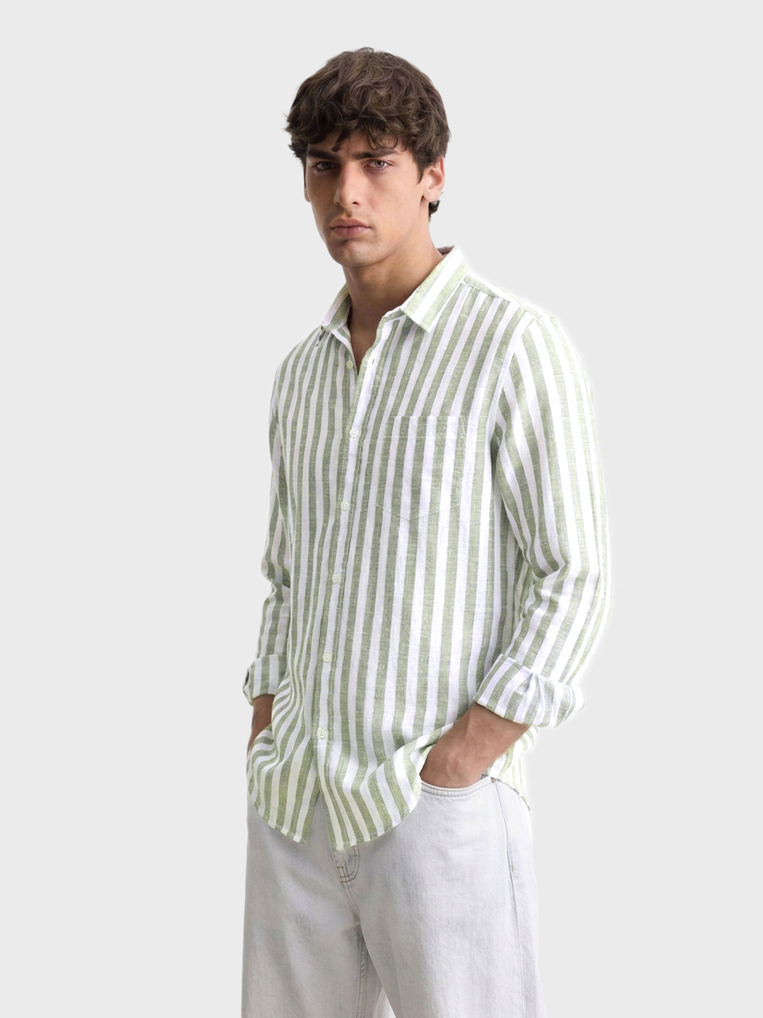 Men's Green Slim Fit Striped Casual Shirt