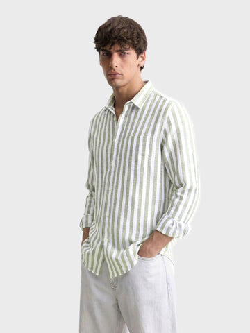 Men's Green Slim Fit Striped Casual Shirt