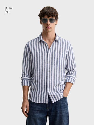 Men's Navy Blue Slim Fit Striped Casual Shirt
