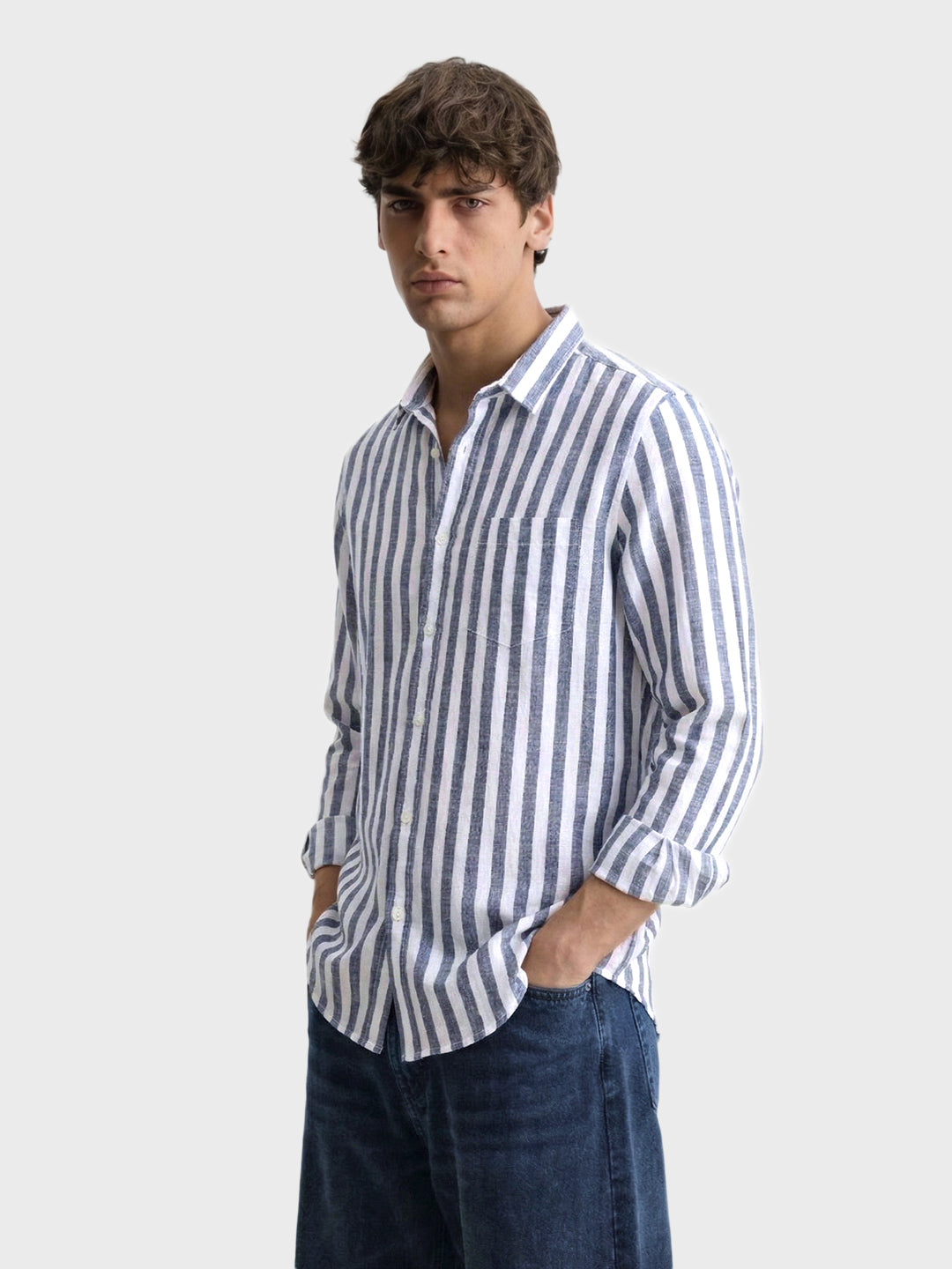 Men's Navy Blue Slim Fit Striped Casual Shirt