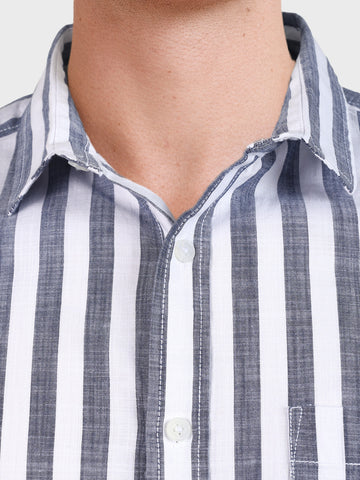 Men's Navy Blue Slim Fit Striped Casual Shirt