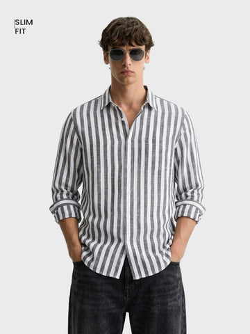Men's Grey Slim Fit Striped Casual Shirt