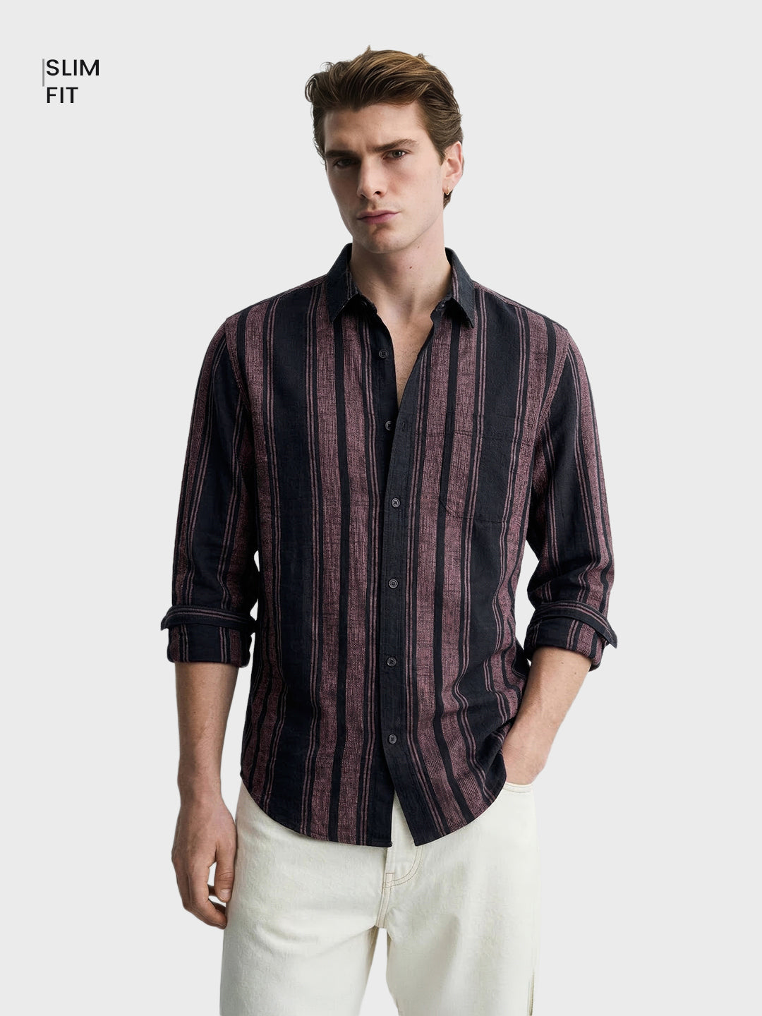 Men's Pink Slim Fit Striped Casual Shirts