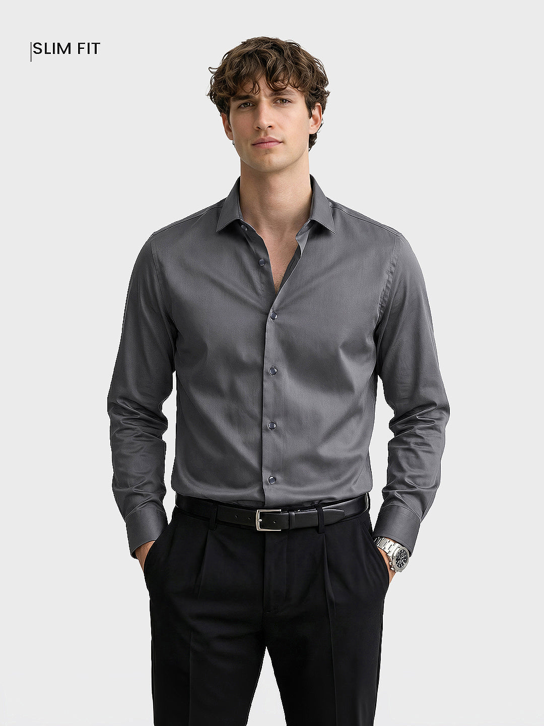 Men's Grey Slim Fit Solid Casual Shirt