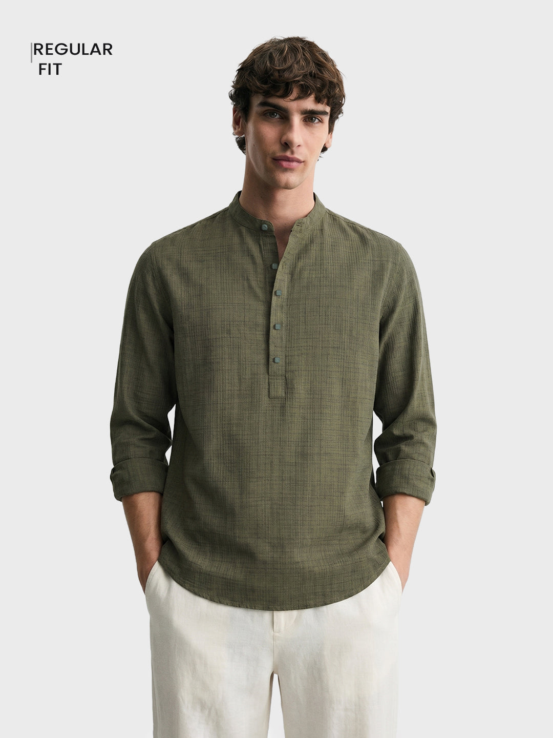 Men's Olive Regular Fit Solid Casual Shirt