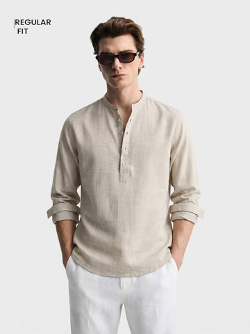 Men's Khaki Regular Fit Textured Casual Shirt