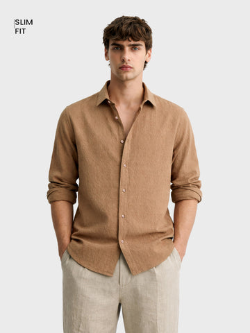 Men's Brown Slim Fit Textured Casual Shirt