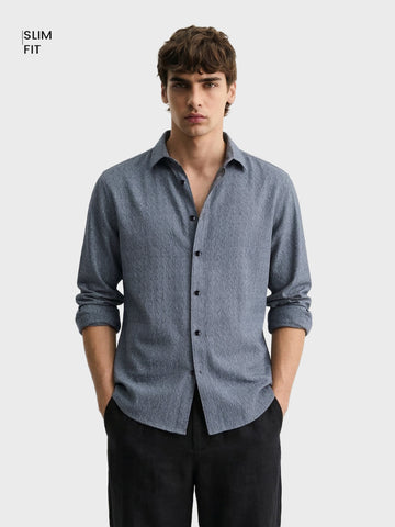 Men's Grey Slim Fit Textured Casual Shirt
